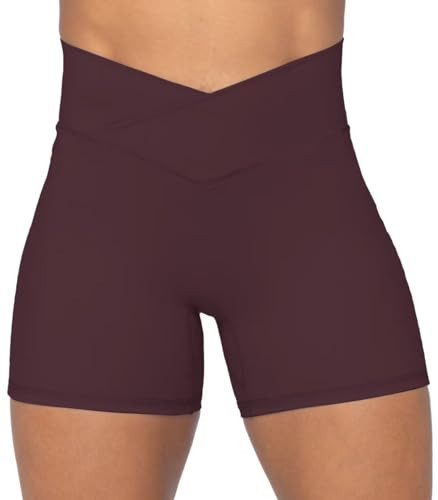 Sunzel Nunaked Crossover Biker Shorts for Women, No Front Seam V High Waist Yoga Workout Gym Shorts with Tummy Control 4" Chocolate Brown Small | Amazon (US)