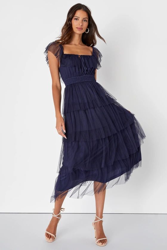 Tier I Come Navy Blue Tulle Square Neck Tiered Midi Dress | Lulus