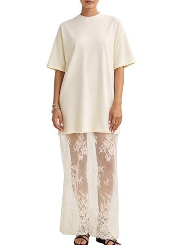 NUFIWI Women Short Sleeve Shirt Dress Crewneck Oversized Lace Maxi Dress Embroidered Lace Patchwo... | Amazon (US)