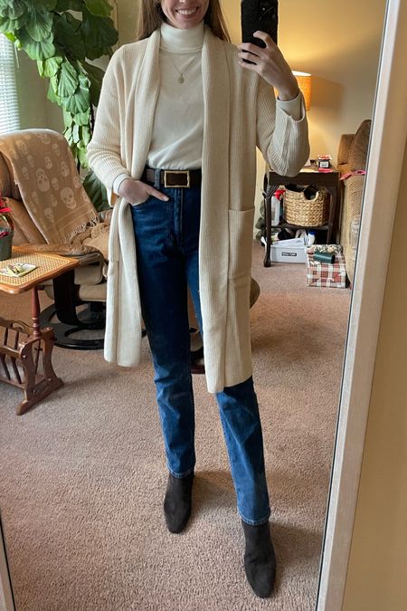 Casual winter outfit 
.
Amazon finds straight jeans high waisted jeans chocolate brown booties ivory cardigan cream turtleneck 

#LTKstyletip #LTKfindsunder50 #LTKfindsunder100