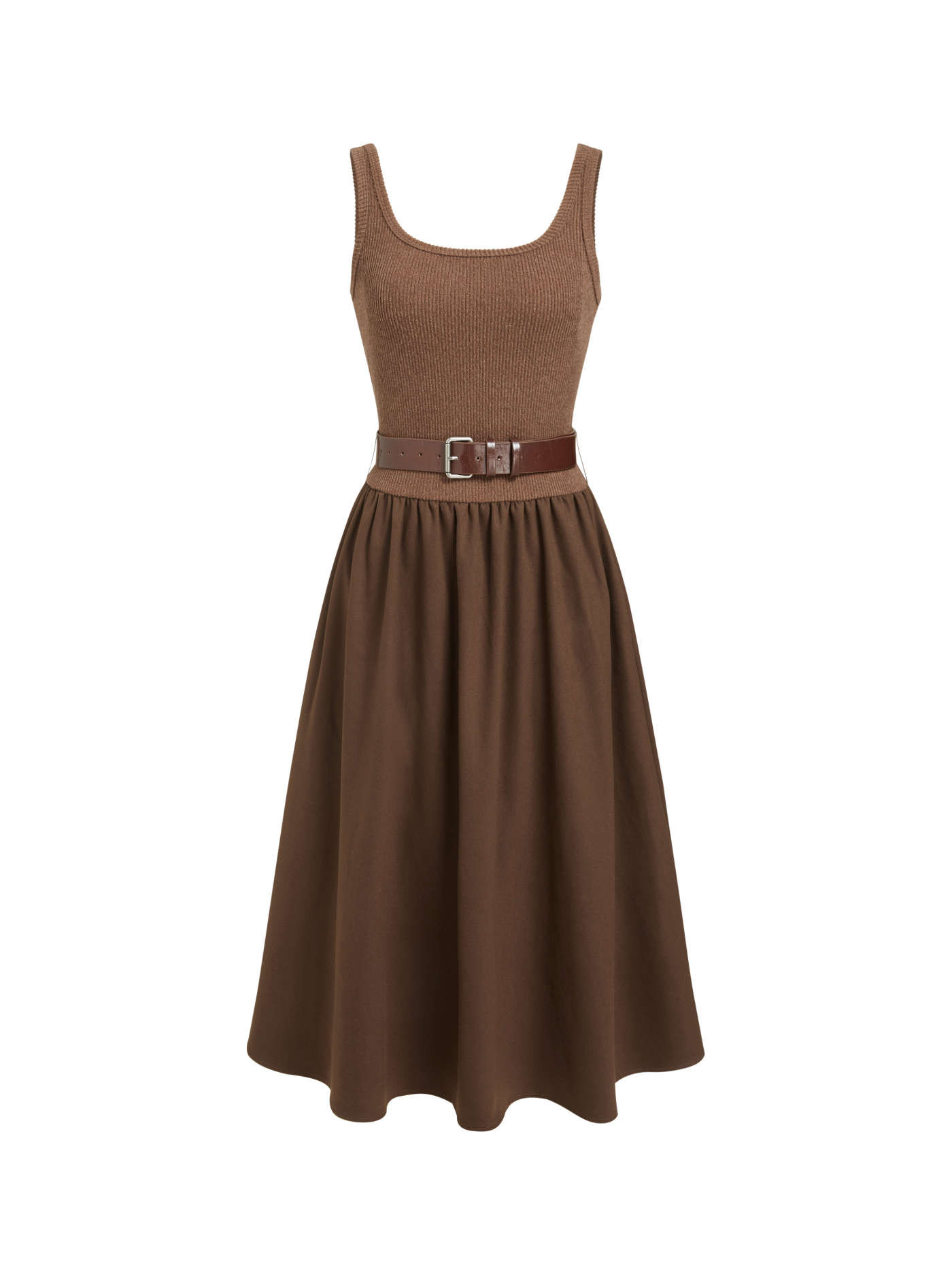 Jersey U-neckline Patched Flared Maxi Dress With Belt For Daily Casual | Cider