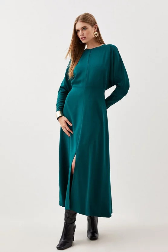 Petite Premium Viscose Crepe Long Sleeve Woven Midi Dress | Karen Millen UK + IE + DE + NL