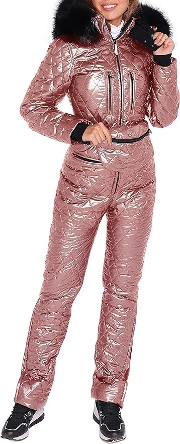 Womens Winter Ski Suits Snow Jumpsuit Onesie Fur Collar Hooded Down Jacket Waist Belted Fanny Pac... | Amazon (US)