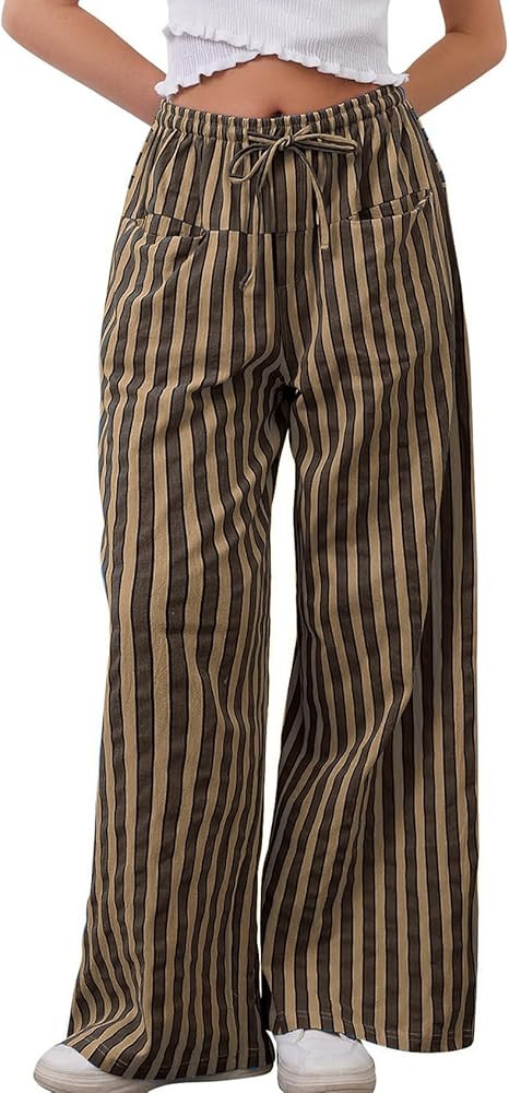 Kissonic Women Striped Pants Casual Drawstring Wide Leg Trousers Loose Lounge Pajama Pants with P... | Amazon (US)