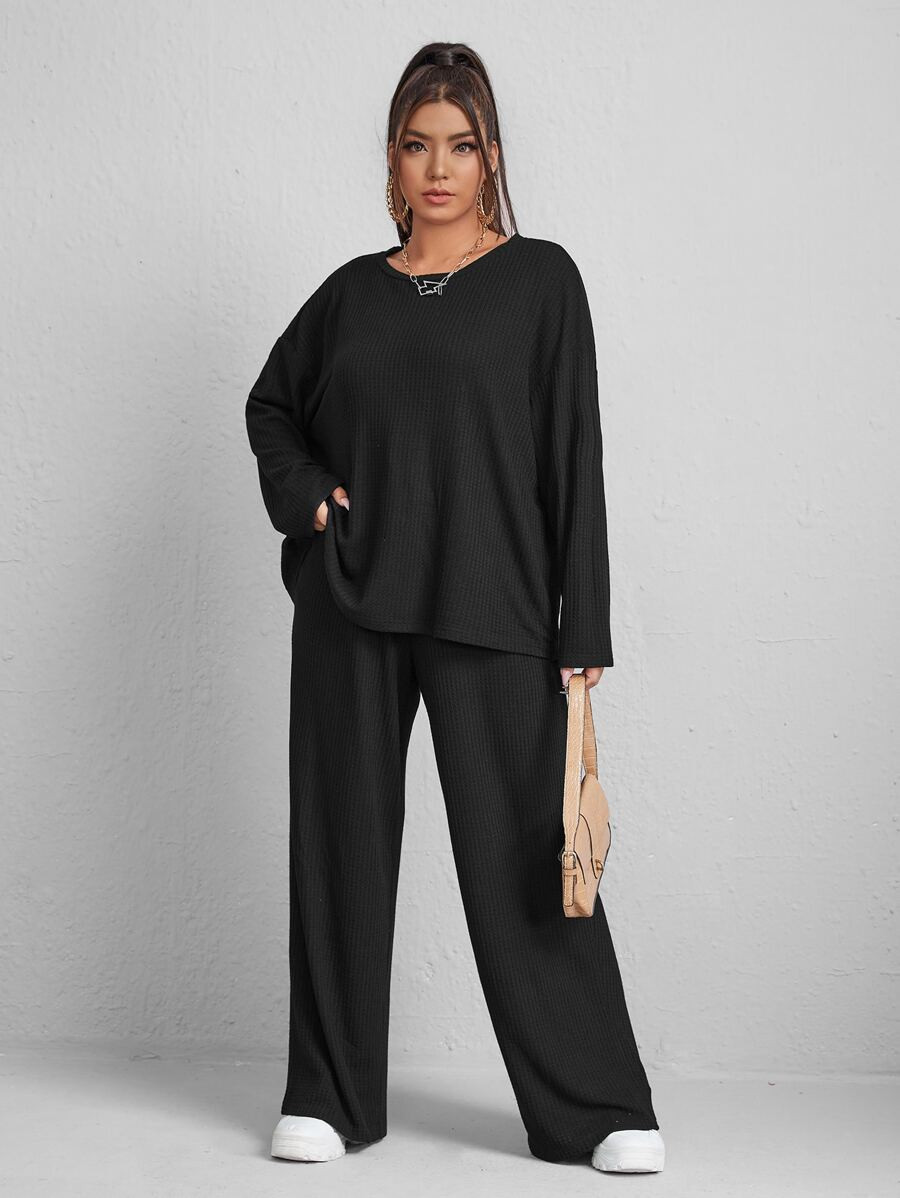 SHEIN BASICS Plus Solid Drop Shoulder Tee & Pants Set | SHEIN