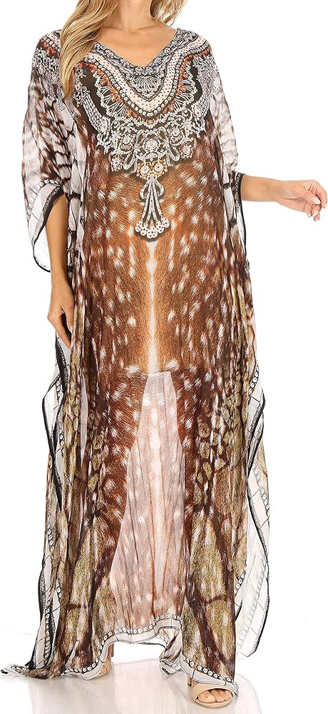 Sakkas Wilder Printed Design Long Sheer Rhinestone Caftan Dress/Cover Up | Amazon (US)