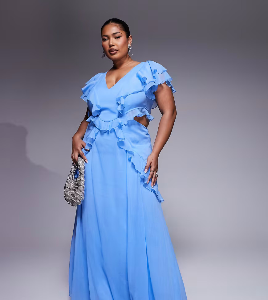 ASOS DESIGN Curve flutter sleeve ruffle midi dress with cut out in cornflower blue | ASOS (Global)