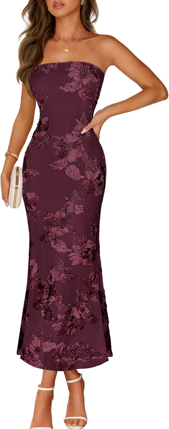 MEROKEETY Women's Floral Strapless Maxi Dress 2026 Summer Mesh Tube Bodycon Formal Wedding Guest ... | Amazon (US)