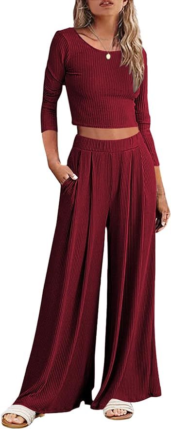 Ekouaer Women's Two Piece Lounge Set Ribbed Knit Outfits Long Sleeve Crop Top Wide Leg Pants with... | Amazon (US)