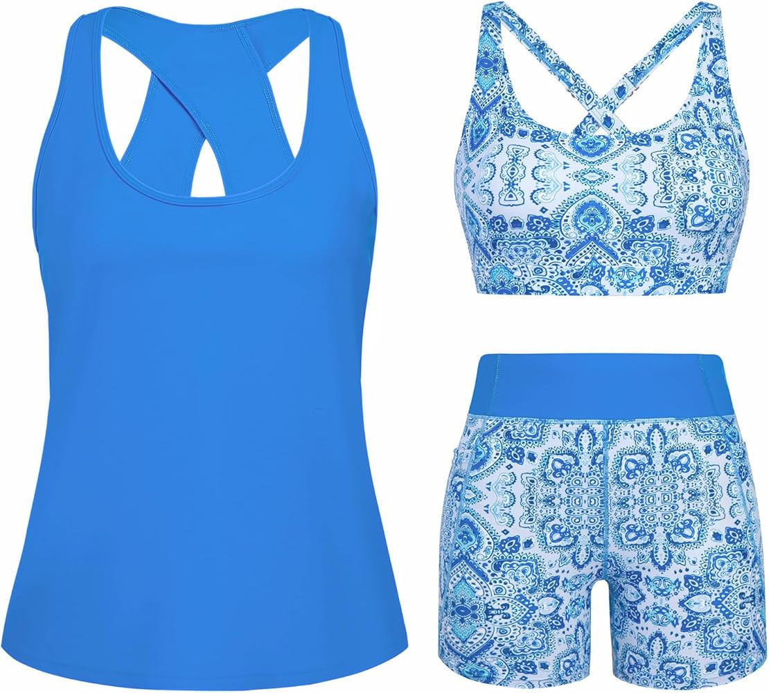 HUSKARY 3 Piece Tankini Swimsuits for Women Swim Tank Top with Bra and High Waist Boy Shorts with... | Amazon (CA)