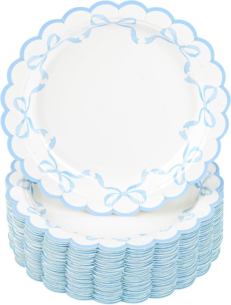 48 Pcs Blue Bow Paper Plates Coquette Disposable Party Plates Scalloped Bowknot 7" Small Cake Des... | Amazon (US)