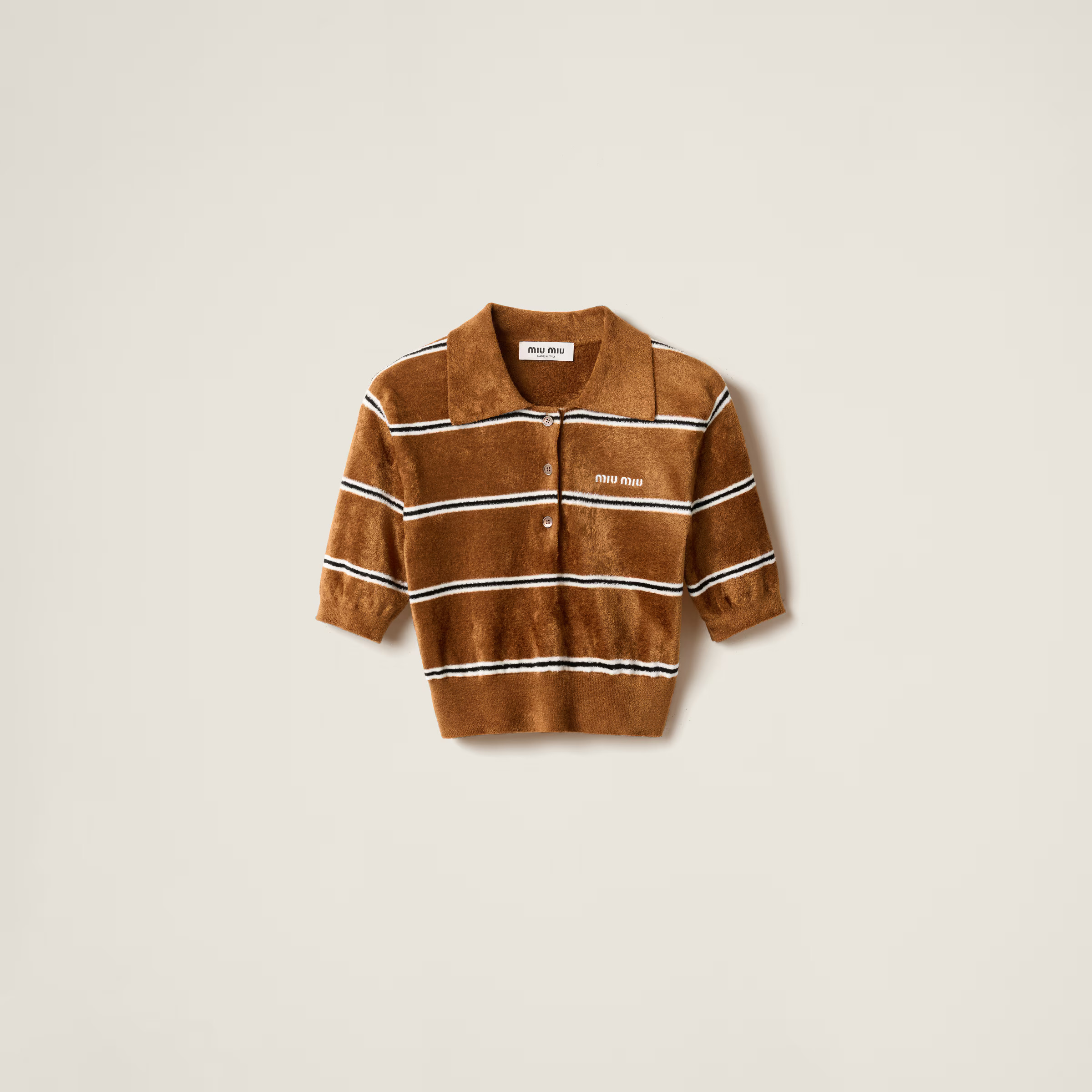 Tobacco+ivory Striped Viscose Polo Shirt | Miu Miu | Miu Miu US