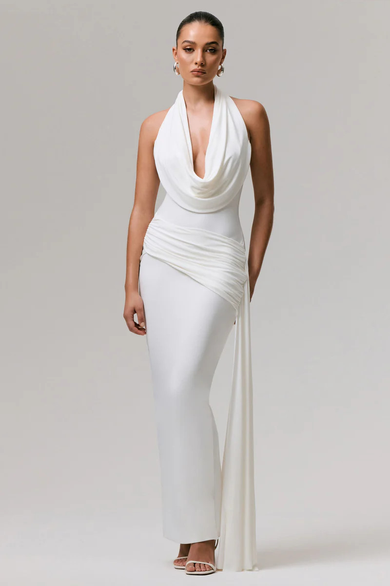 Maude  White Plunge-Neck Ruched Maxi Dress With Sash | Club L London