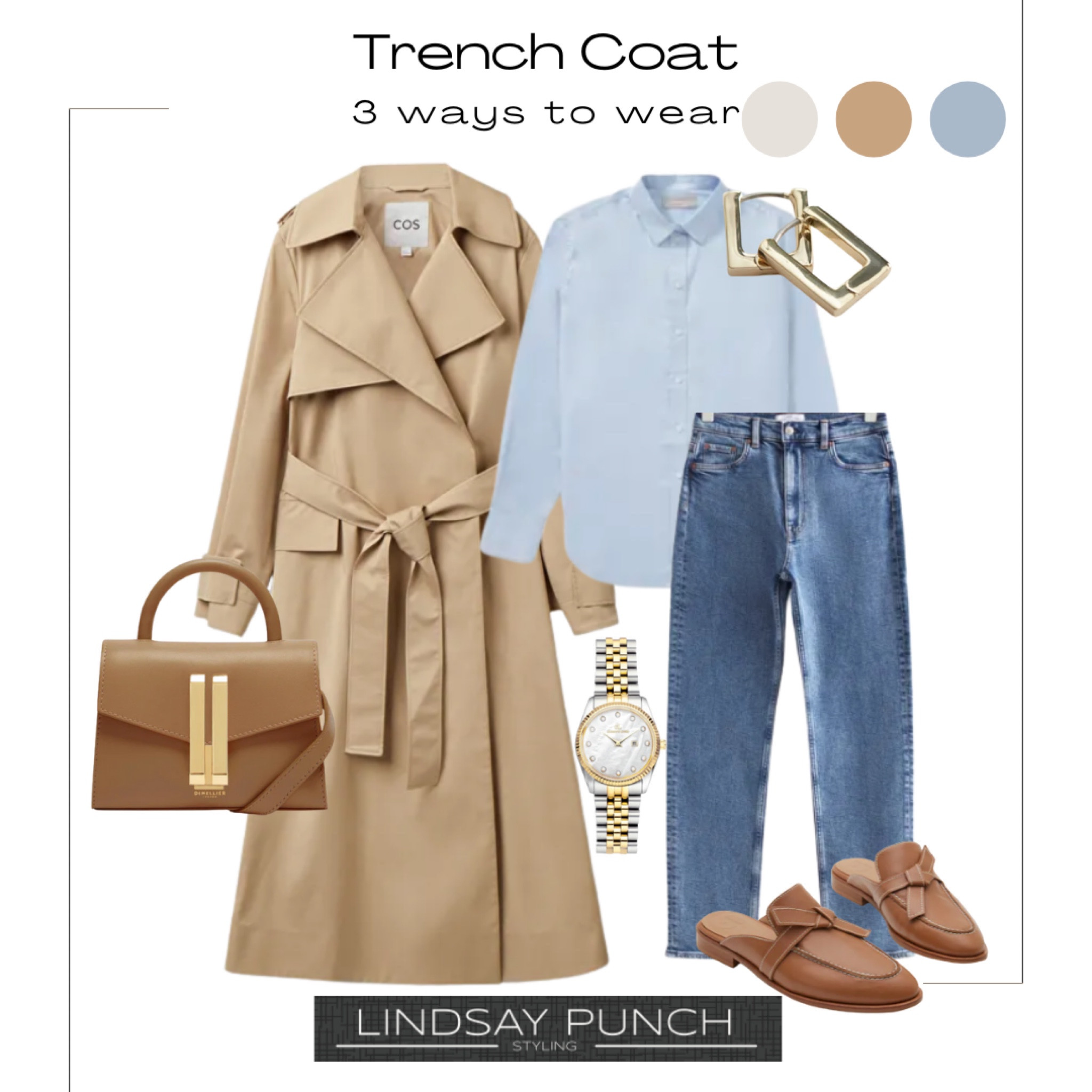 Trench Coat, Spring Outfits Inspiration. Blue shirt and blue jeans. 
