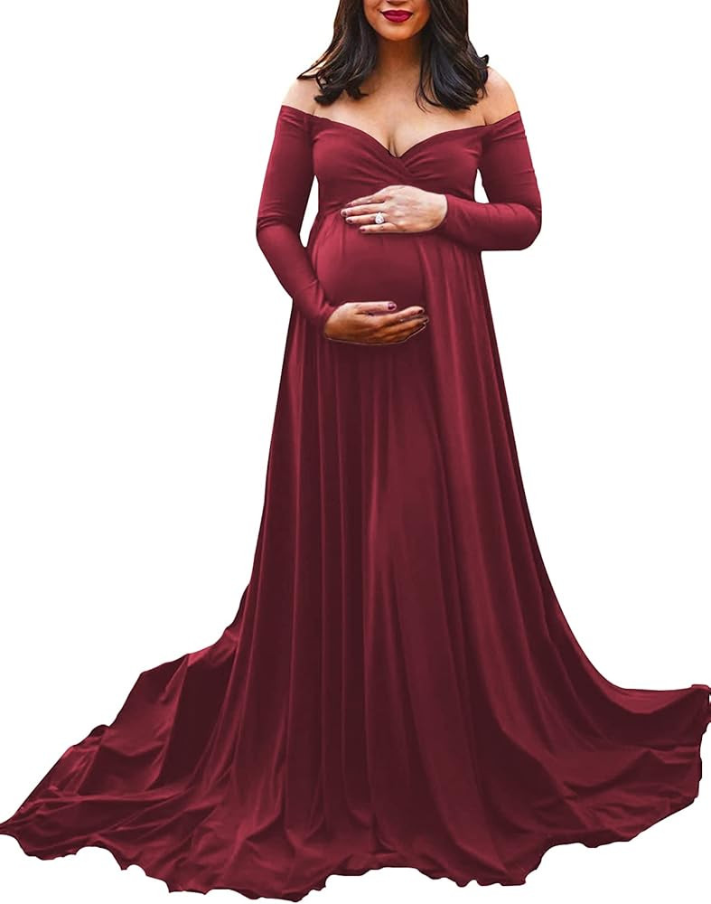 Saslax Maternity Off Shoulders Long Sleeve Half Circle Gown for Baby Shower Photo Props Dress Bur... | Amazon (US)