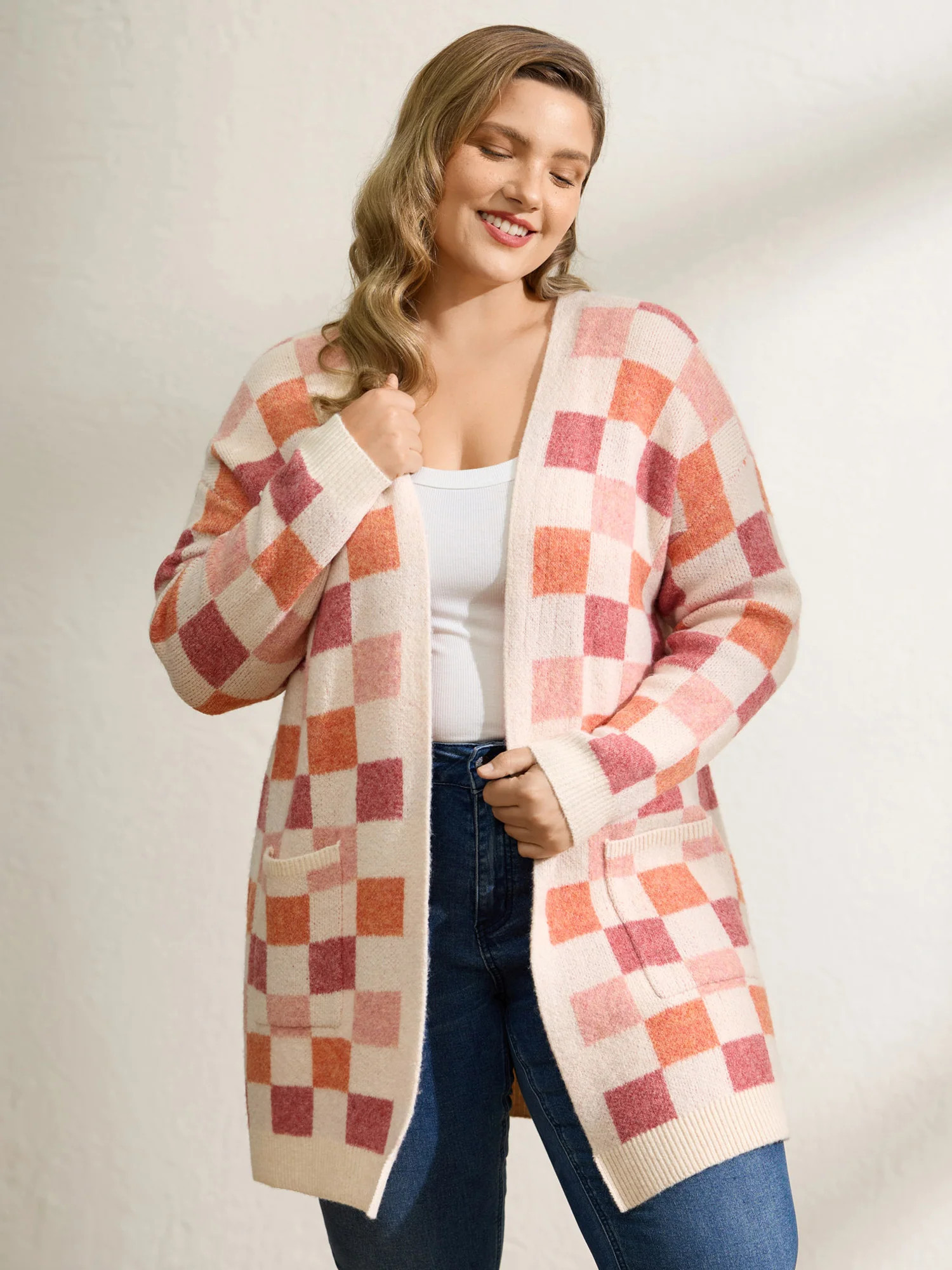 Checkered Color Contrast Open-Front Cardigan | Bloomchic