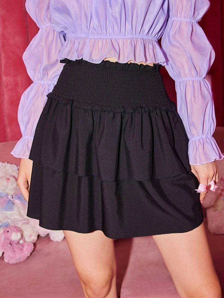 ROMWE Solid Shirred Layered Skirt | SHEIN