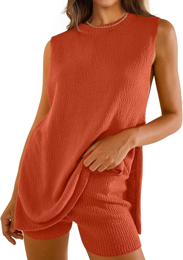 ZESICA Women's Summer Two Piece Sweater Lounge Sets 2024 Casual Knit Trendy Tunic and Shorts Outf... | Amazon (US)