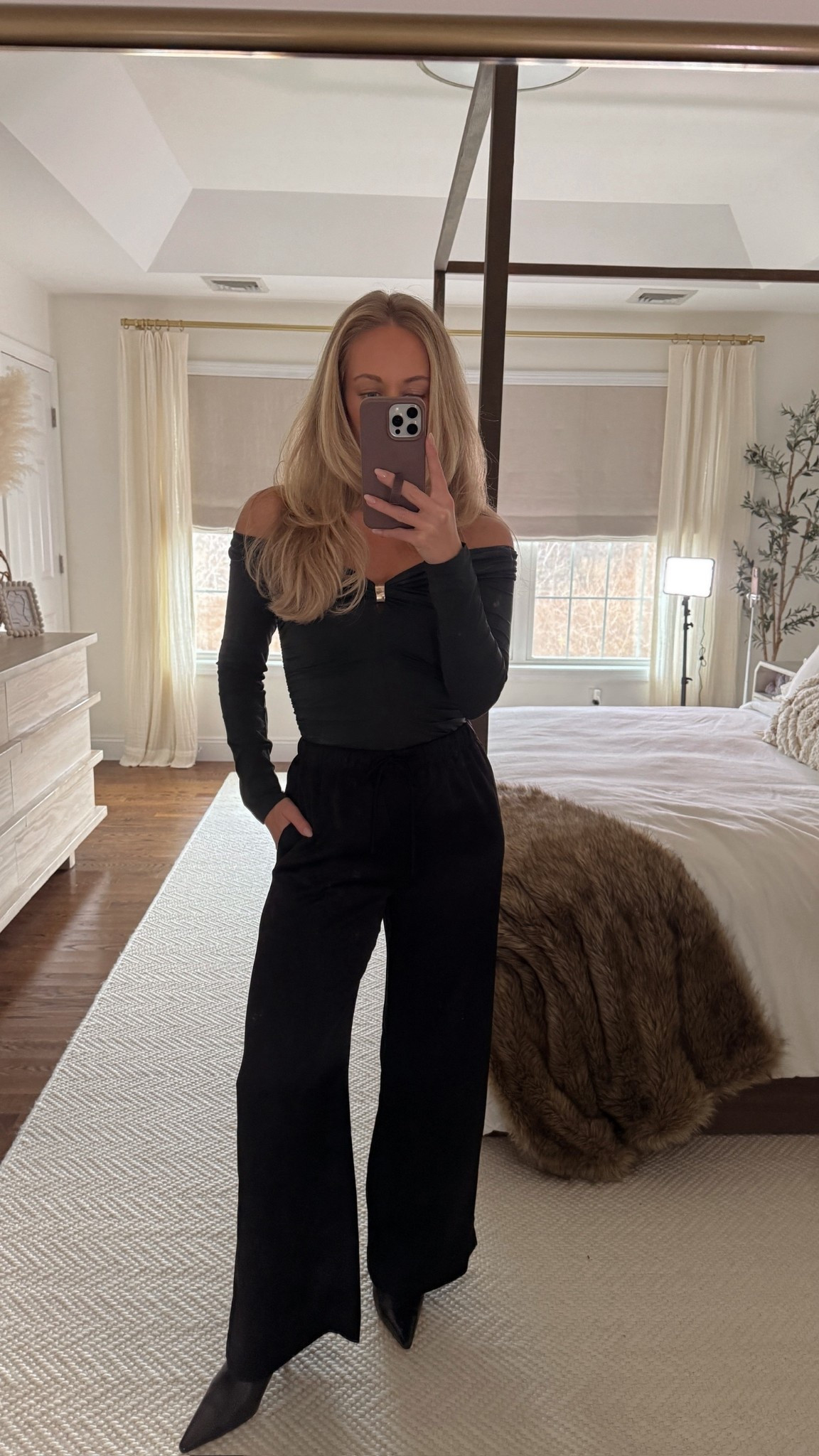 Holiday outfit from Abercrombie ✨ Up to 40% off! Wearing a small in the off-the-shoulder hardware top and small in the satin pants (linking similar too). 

#LTKHoliday #LTKSaleAlert #LTKootd