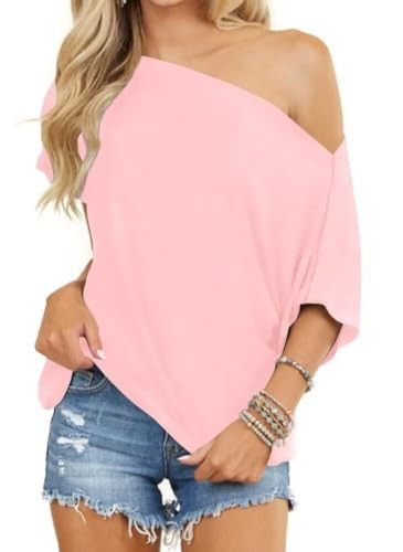 LEEDYA Womens Sexy Hot Pink Oversize Off The Shoulder Tops for Women Batwing Sleeve Summer Tops Pink Large | Amazon (US)