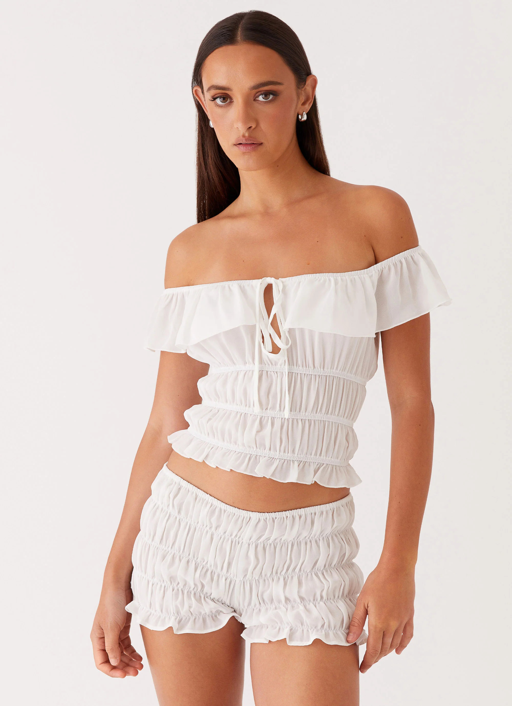 Girls Like Us Ruched Mini Shorts - White | Peppermayo (Global)