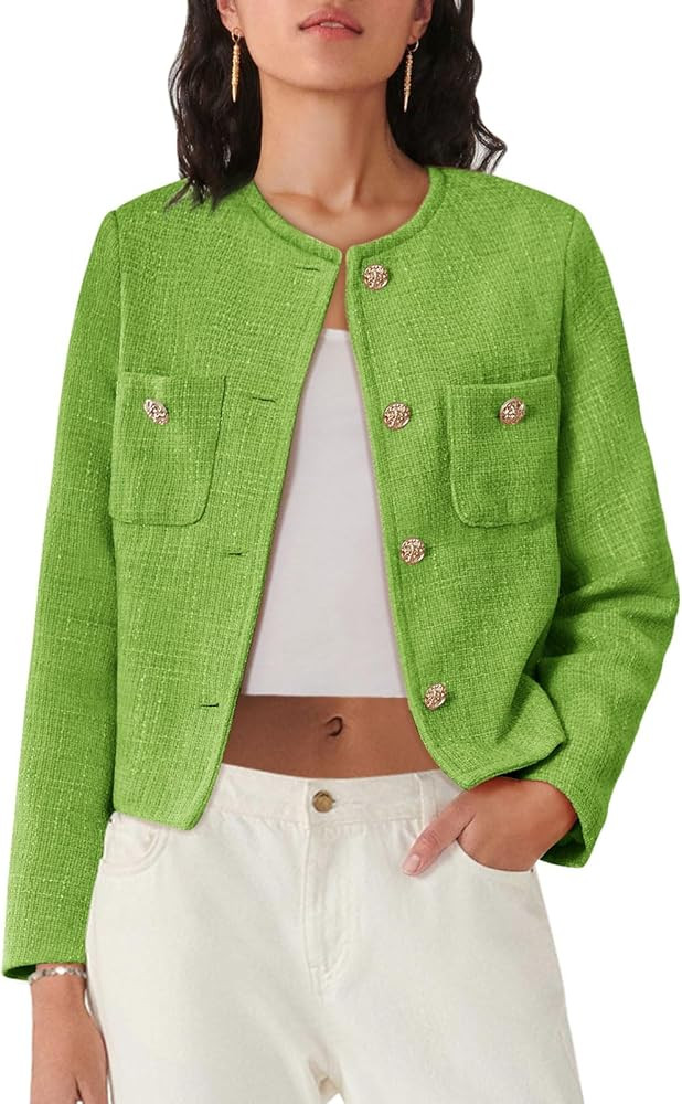 Women's Tweed Blazers Long Sleeve Business Button Down Casual Cropped Blazer Jackets with Pockets | Amazon (US)