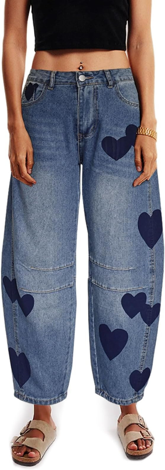 Barrel Jeans for Women Mid Rise Heart Printed Denim Ankle Pants Vintage Baggy Boyfriend Jeans | Amazon (US)