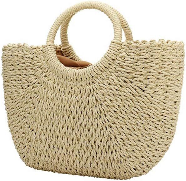 Womens Straw Bag Hand-woven Rattan Bag Summer Beach Travel Tote Casual Handbags | Amazon (US)