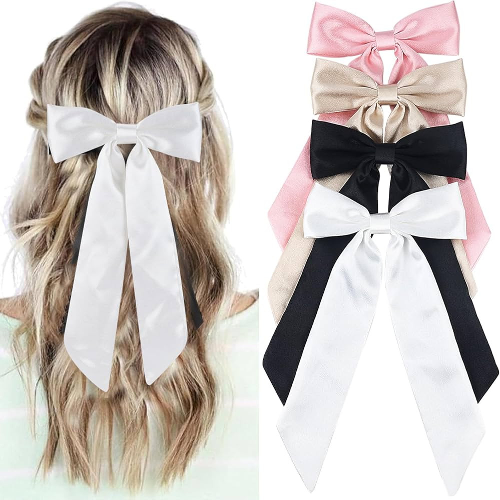 Lestp 4Pcs Hair Bow Clips for Women Teens Girls Large Silk Satin Hair Ribbon Bow with Long Tail B... | Amazon (US)