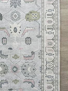 Amazon.com: Cream Blue Oushak Rug, Modern, Vintage, Turkish, Eclectic, Floral, Pastel, Washable, ... | Amazon (US)