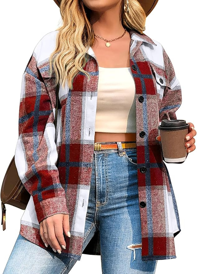 IN'VOLAND Womens Plus Size Shacket Jacket Flannel Plaid Long Sleeve Button Down Shirts Casual Fal... | Amazon (US)