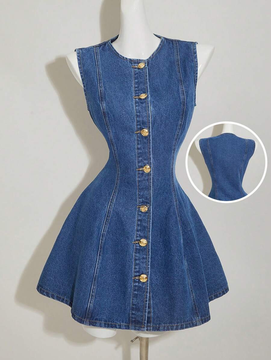 SHEIN MOD Women's Denim Sleeveless Casual Fitted Mini Dress, Blue,4th Of July Clothes,Graduation ... | SHEIN