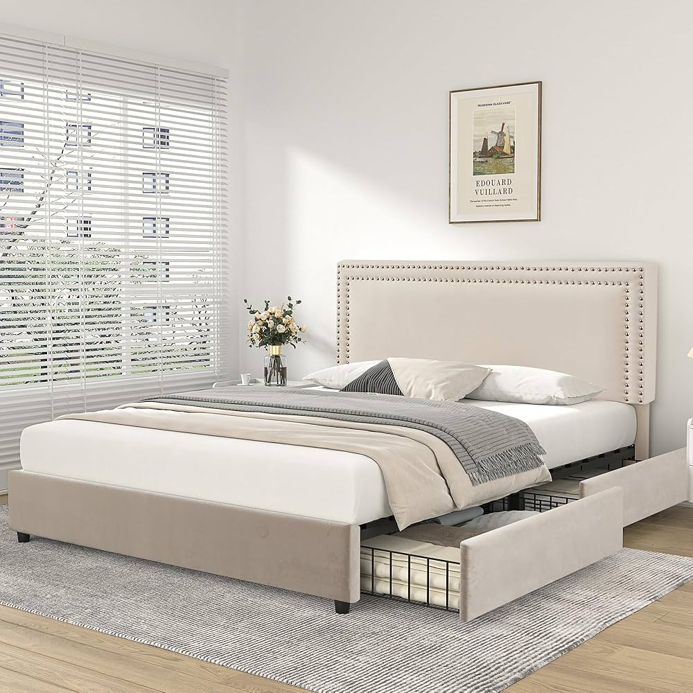 VECELO Queen Size Upholstered Platform Bed Frame with 4 Storage Drawers, Adjustable Velvet Rivets... | Amazon (US)