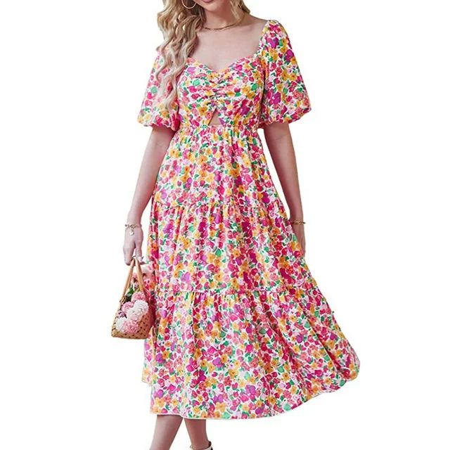 VSSSJ Women Summer Dresses Casual Flowy Square Neck Puff Short Sleeve Smocked Cutout High Waist B... | Walmart (US)
