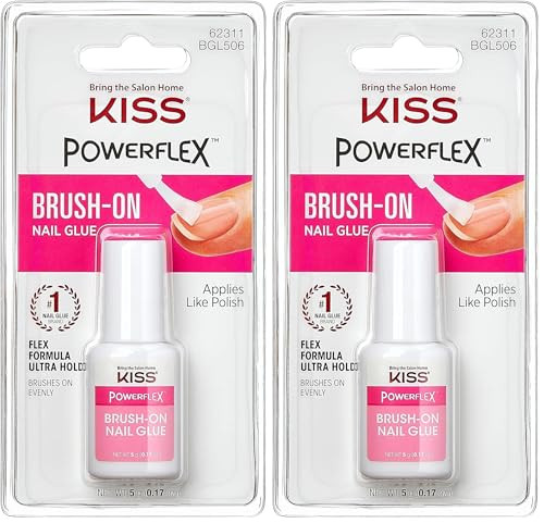KISS PowerFlex Brush-On Nail Glue for Press On Nails, Ultra Hold Flex Formula Nail Adhesive, Includes One Bottle 5g (0.17 oz.) with Twist-Off Cap & Brush Applicator (Pack of 2) | Amazon (US)