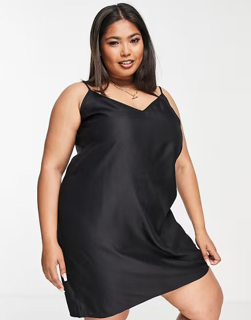 ASOS DESIGN Curve v neck mini slip dress in black | ASOS (Global)