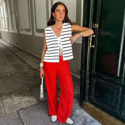 Women's Tie Knit Vest Crochet Sleeveless Open Front Cardigan Sweater Vest Top Black Stripe S | Target