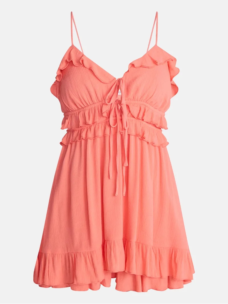 No Boundaries Sleeveless Tie Front Ruffle Romper, Women's XXS-XXL | Walmart (US)