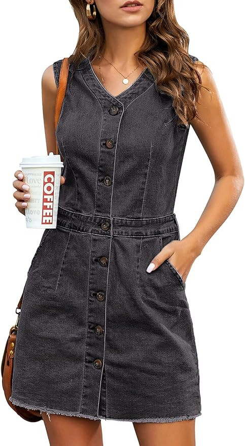luvamia Women's Casual V Neck Sleeveless Jeans Button Down Denim Short Dresswomens Summer Dresses... | Amazon (US)