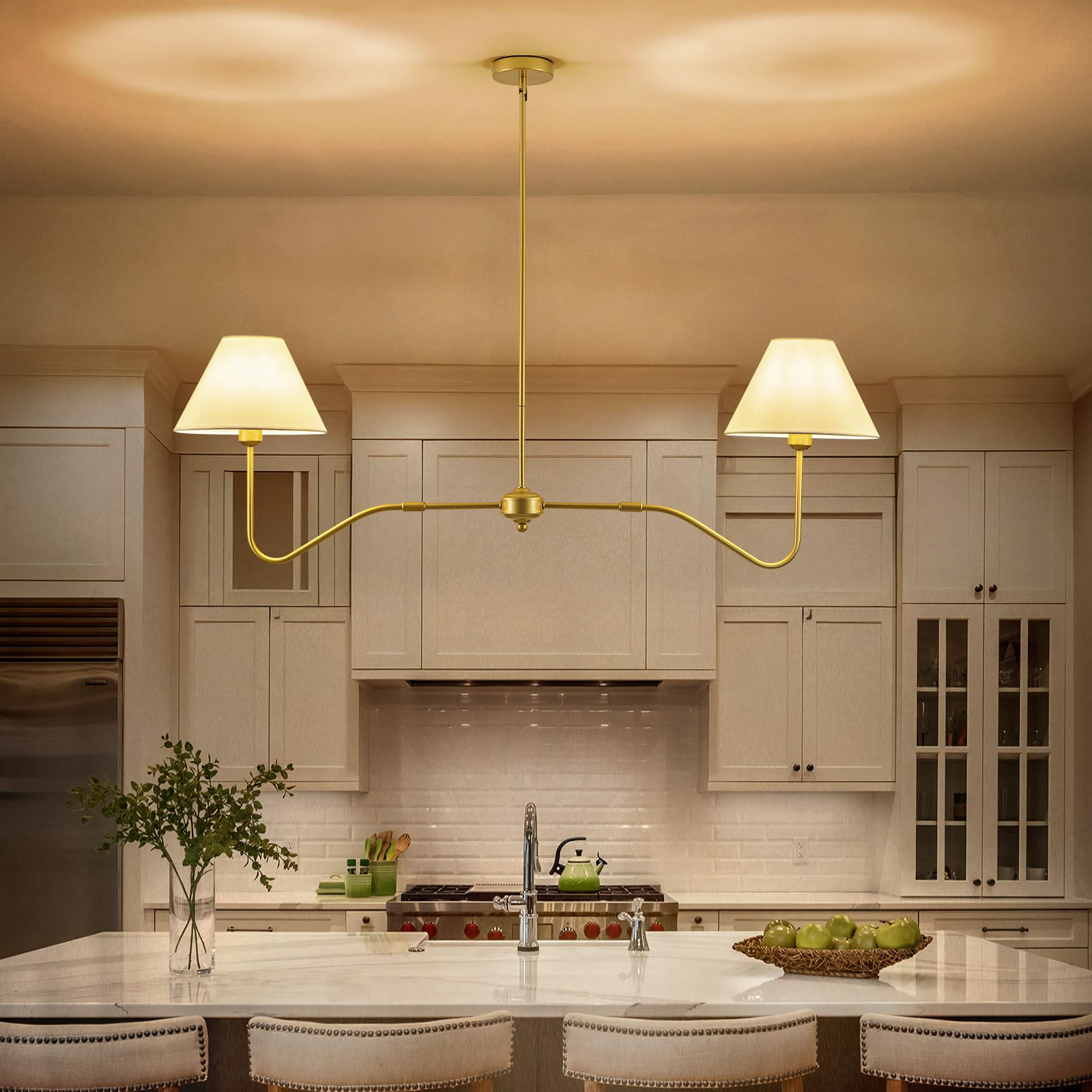 2-Light Gold Modern Linear Chandelier, 55 Inch Farmhouse Kitchen Island Lighting with White Fabri... | Amazon (US)