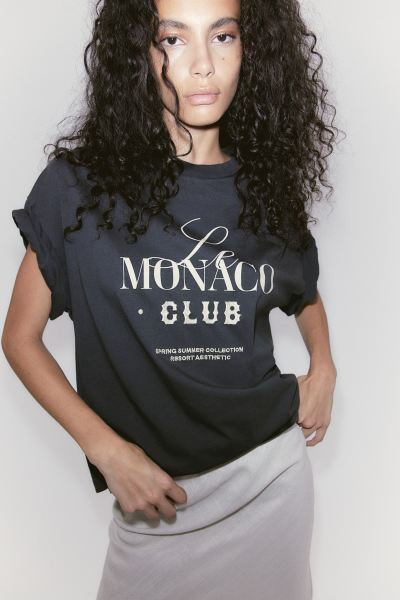 Oversized Motif-detail T-shirt - Round Neck - Short sleeve - Dark gray/Monaco - Ladies | H&M US | H&M (US + CA)