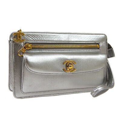 CHANEL CC Logos Clutch Hand Bag Purse Silver Leather Vintage 03746 | eBay US