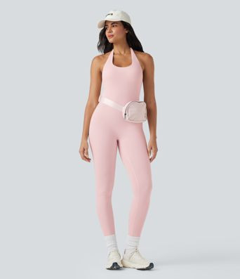 Women’s SoftlyZero™ Airy Halter Tie Back Cut-out Scrunch Yoga Skinny Jumpsuit - Halara | HALARA