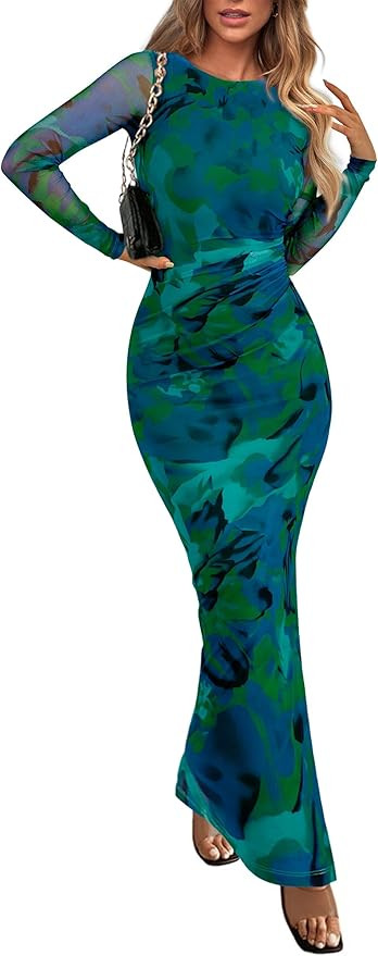 PRETTYGARDEN Women's Bodycon Maxi Dress Fall Spring Fashion Long Sleeve Floral Print Tight Fitted... | Amazon (US)