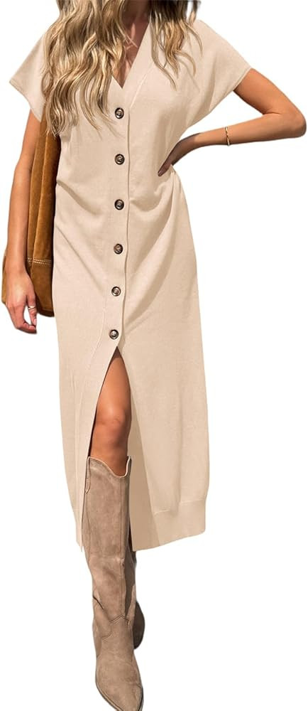 Saodimallsu Womens Long Cardigans Lightweight Short Sleeve Button V Neck Loose Knit Casual Summer... | Amazon (US)