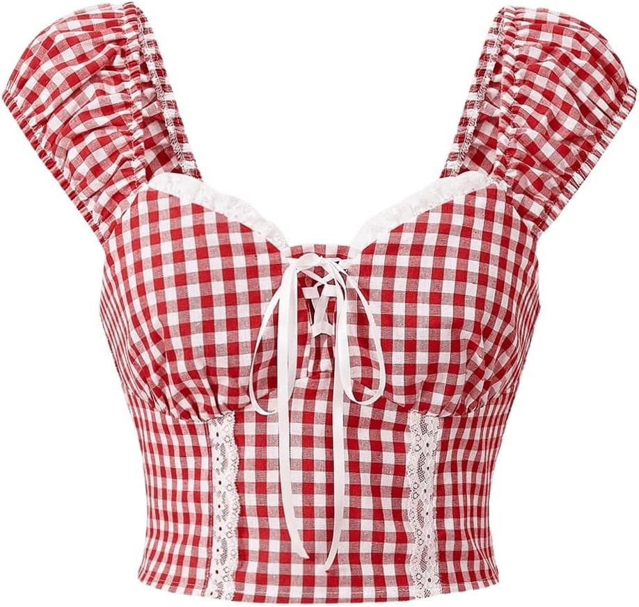 Floerns Women's Y2k Gingham Print Cap Sleeve Sweetheart Neck Cute Blouse Crop Top | Amazon (US)