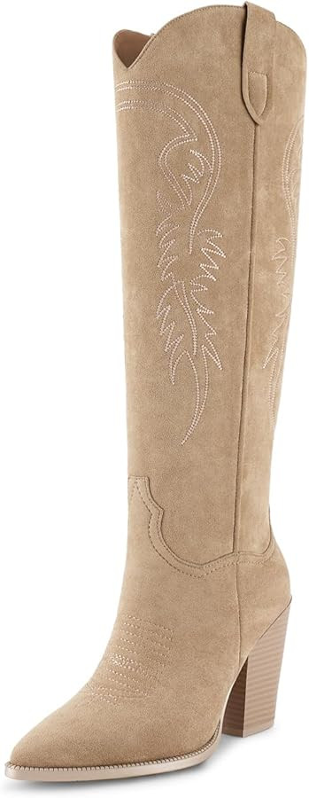 ISNOM Women's Cowgirl Boots Pull On Knee High Boots, Cowboy Western Embroidered Chunky Block Heel... | Amazon (US)