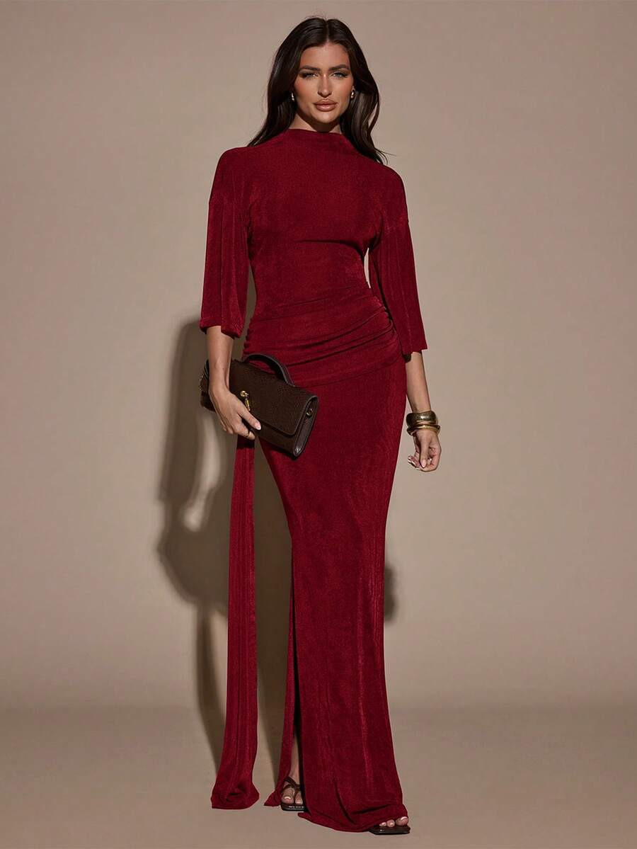 SHEIN BAE Women's Solid Color Pleated Fitted Elegant 3/4 Sleeve Dress | SHEIN
