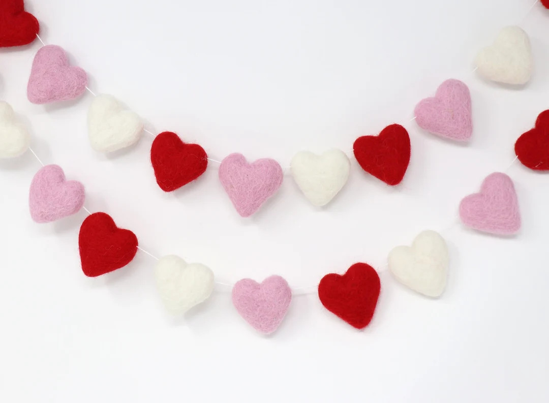 Valentine Heart Garland Felt Heart Garland Valentine Decor Felt Heart Pom Garland Nursery Wall De... | Etsy (US)