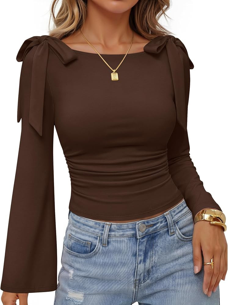 ZESICA Womens Cute Tie Shoulder Long Bell Sleeve Top Boat Neck Ruched Fit Trendy Going Out Fall 2... | Amazon (US)